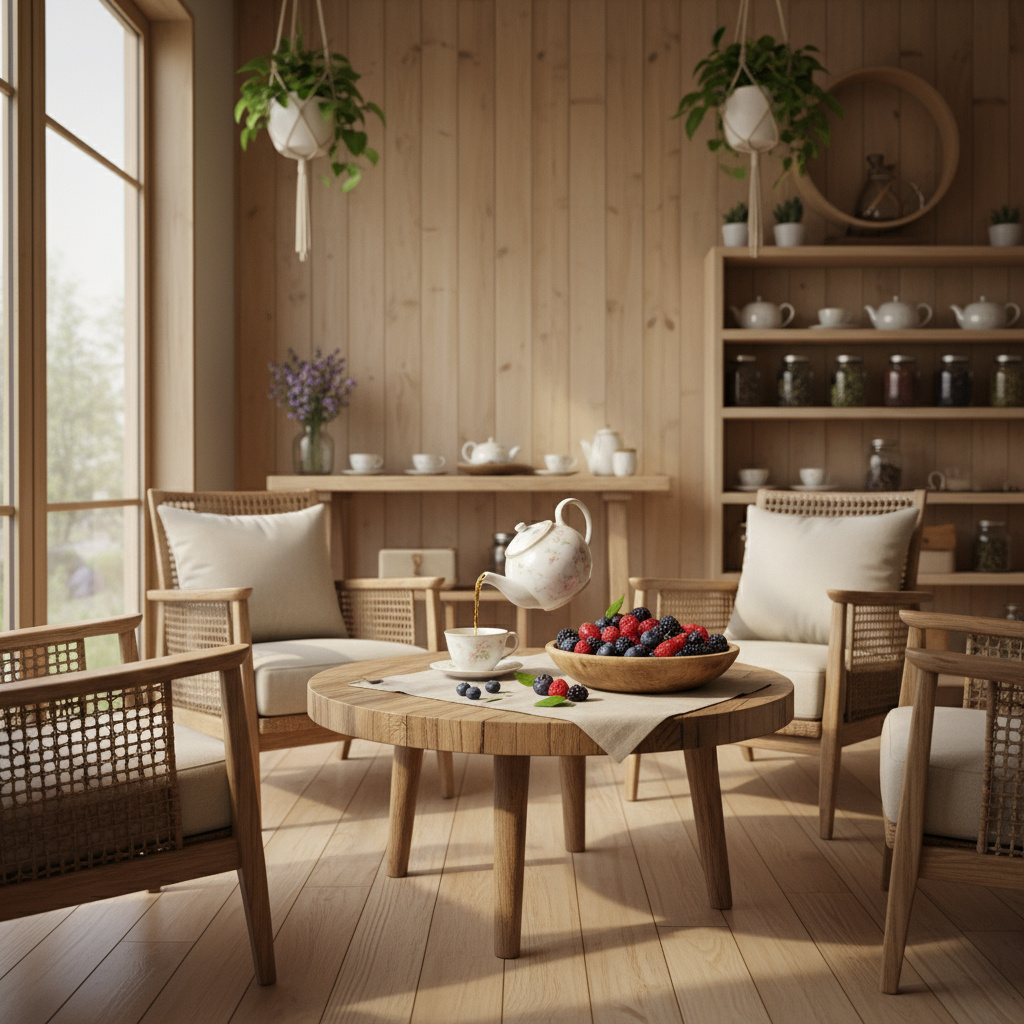 Warm interior of Berries N' Tea Café with tea and berries