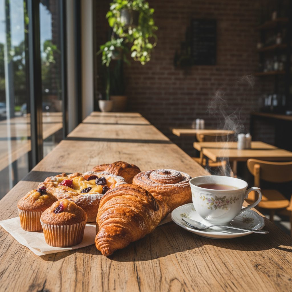 Assorted pastries displayed beside a teacup