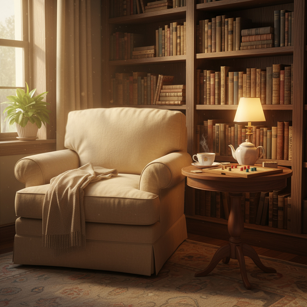 Cozy reading corner with books and a board game