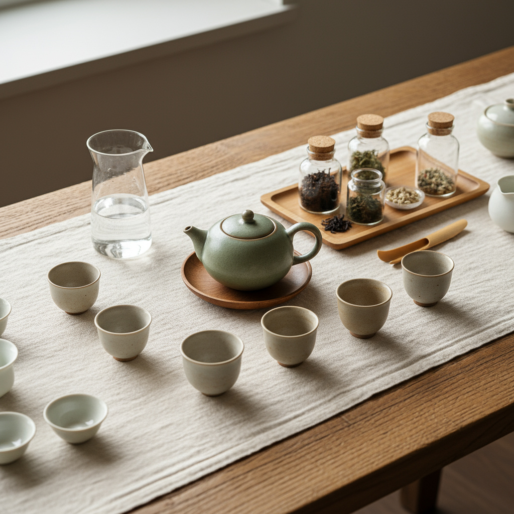 Tea tasting setup with multiple cups and samples