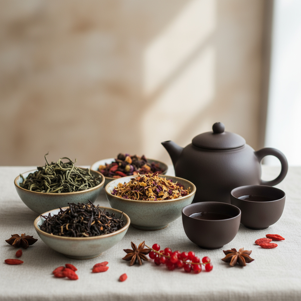 Assortment of loose-leaf teas with berries at Berries N' Tea Café